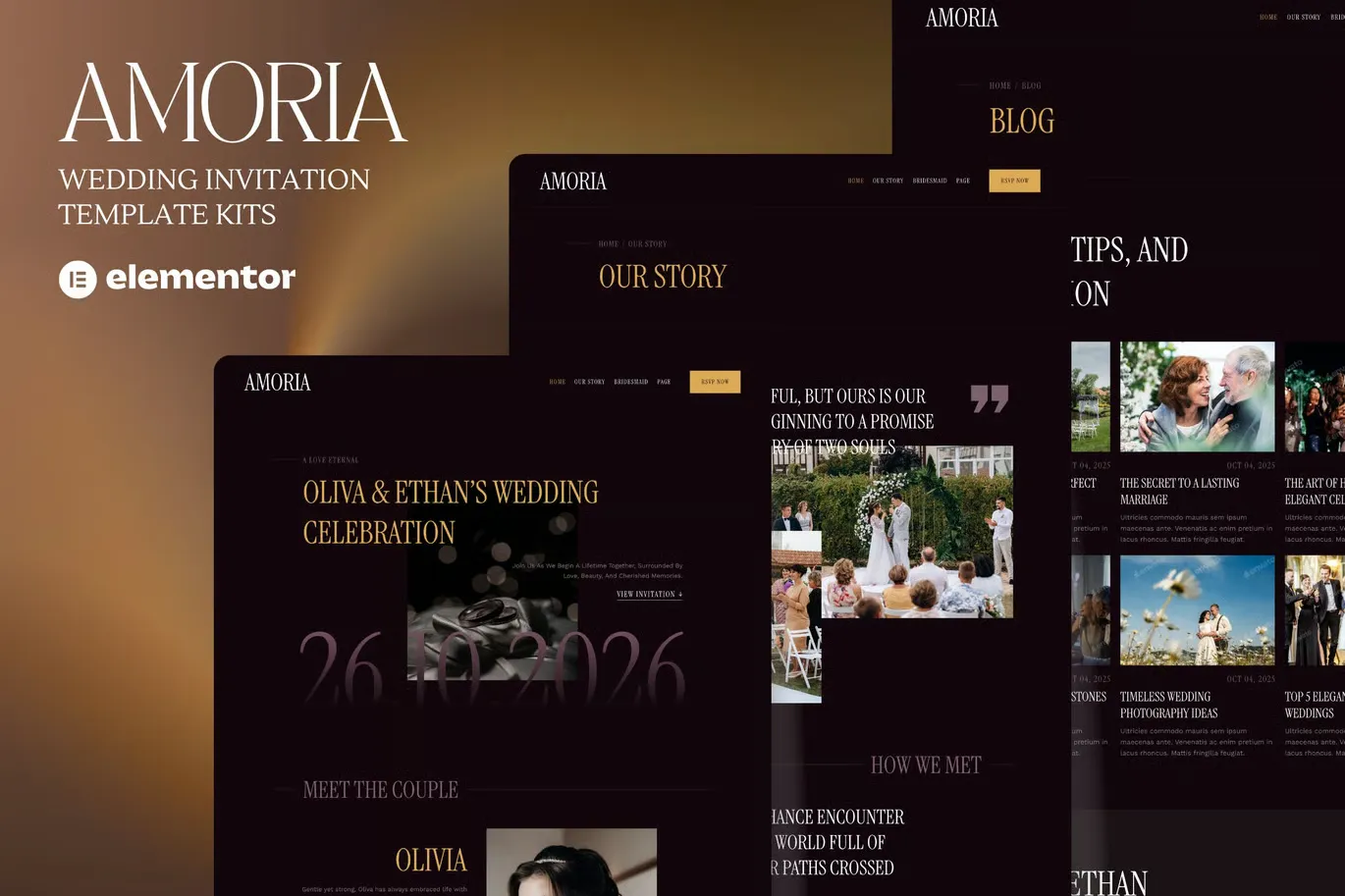 Amoria - Dark Luxury Wedding Invitation Website Elementor Template Kits