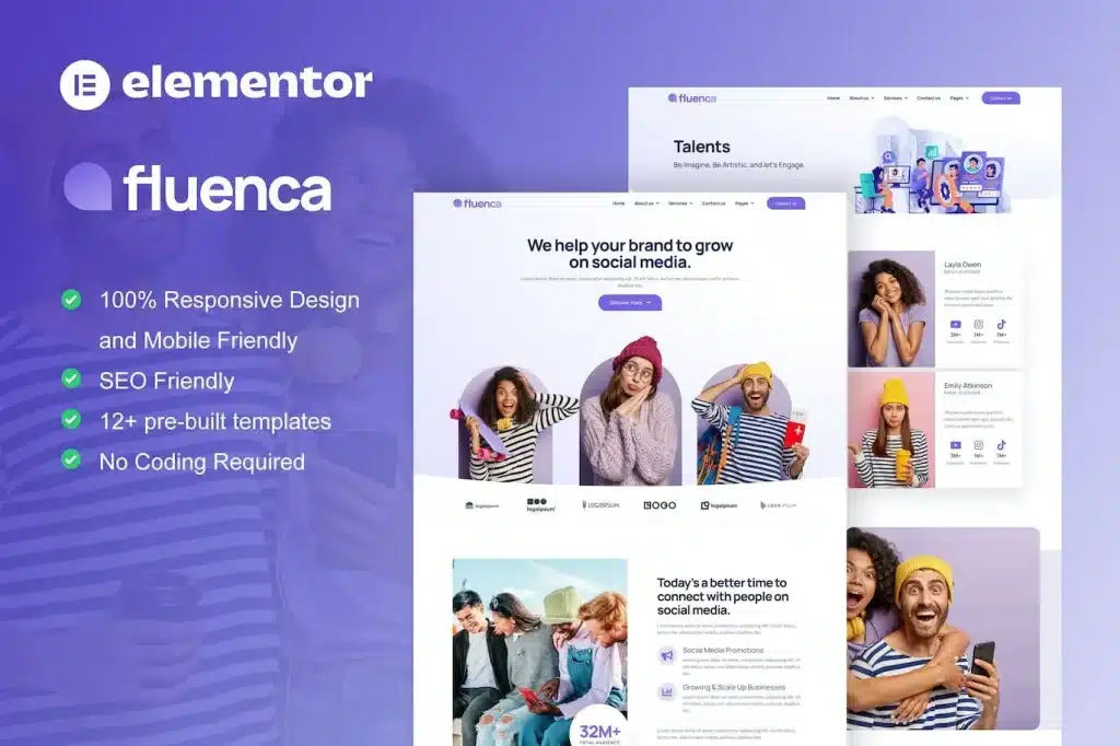 Fluenca Social Media Agency Elementor Pro Full Site Template Kit